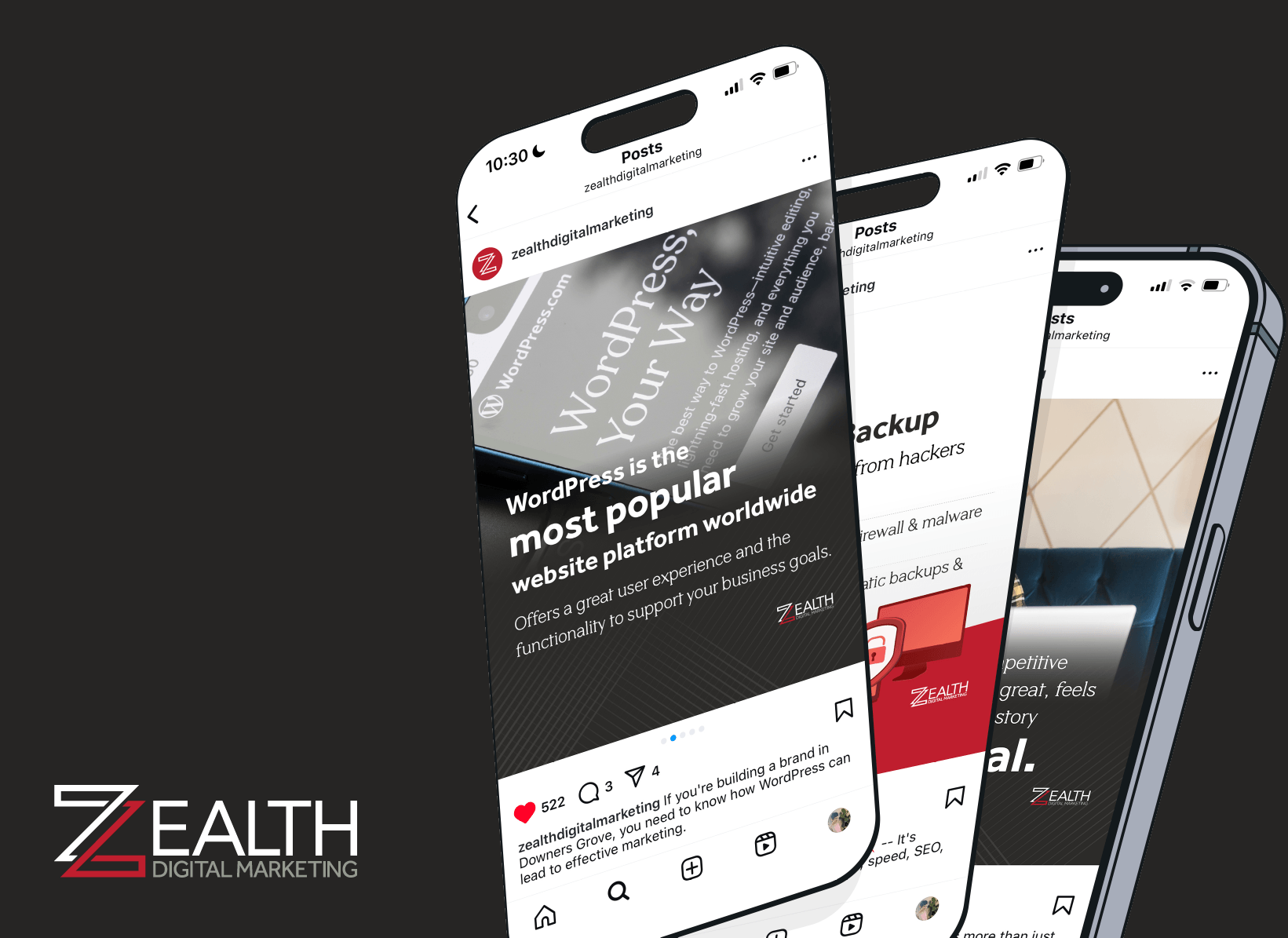 phones showing Zealth social media graphics