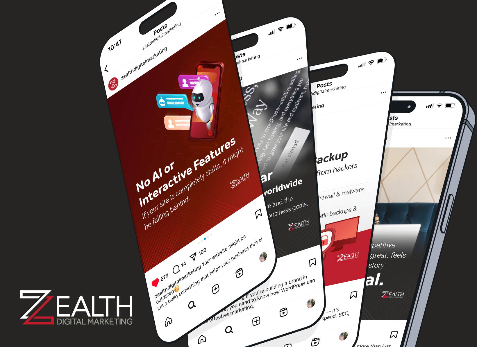 phones showing Zealth social media graphics